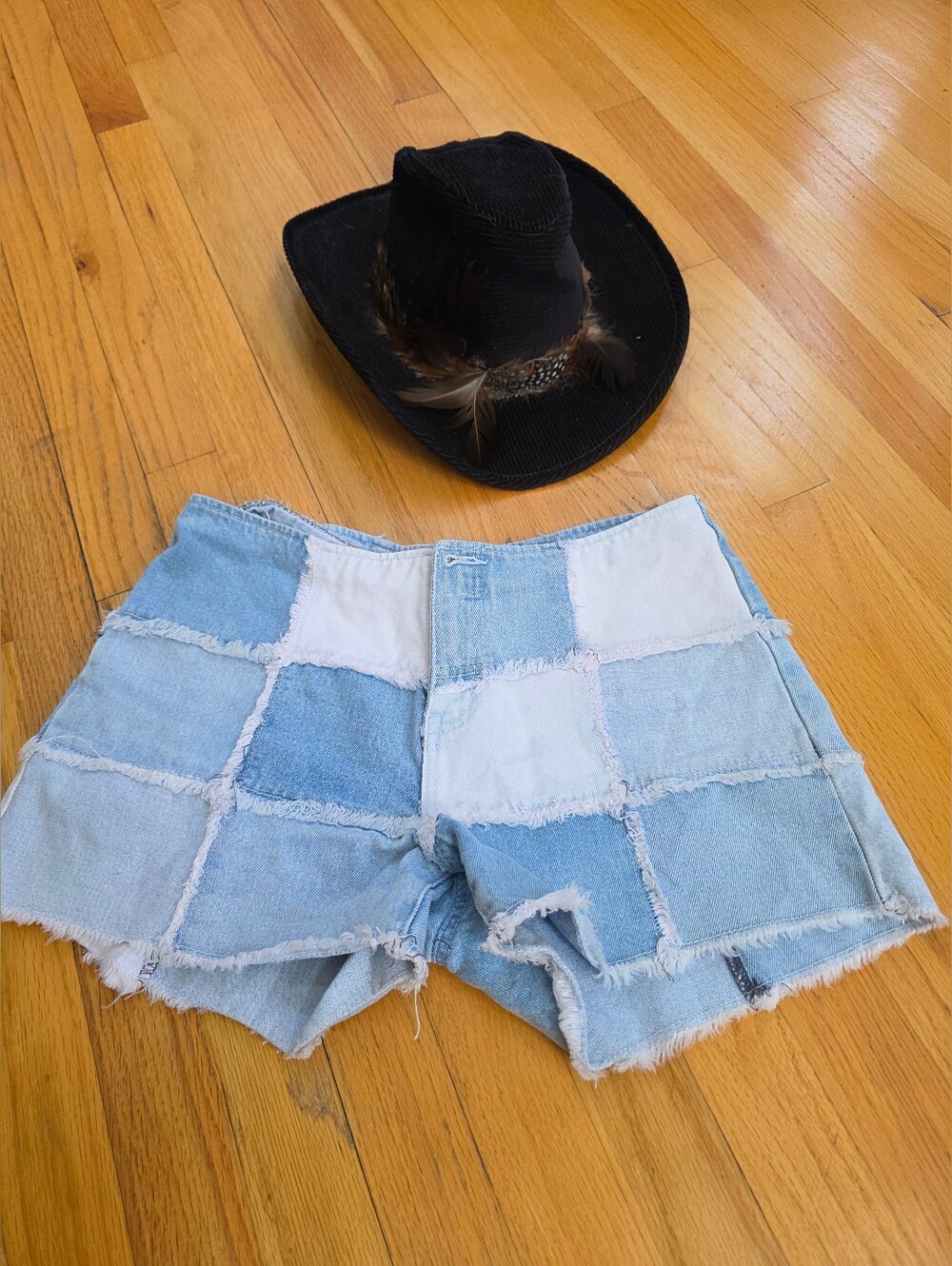 Blue and White Patchwork Denim Shorts Checkerboard Frayed Raw Hems 9 Cotton